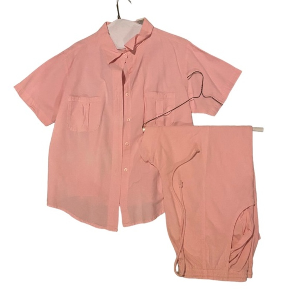 Vintage Ragton Set Button Up Top & Capri Pants Petite XL PXL Solid Pink Pit to P